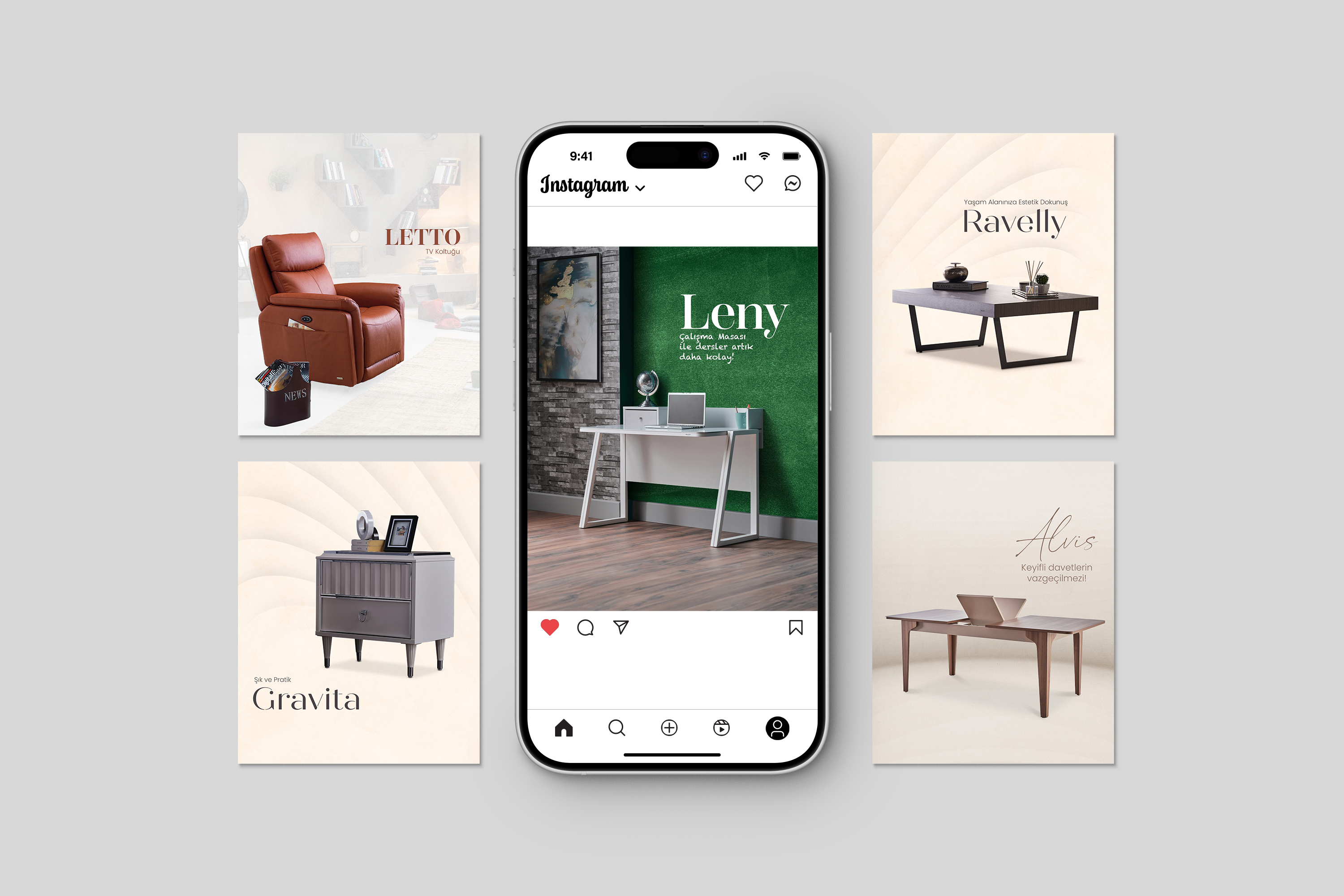 Orta arka yeşil duvar önünde modern beyaz çalışma masası ve etrafında farklı mobilya tasarımlarının yer aldığı Instagram postu.