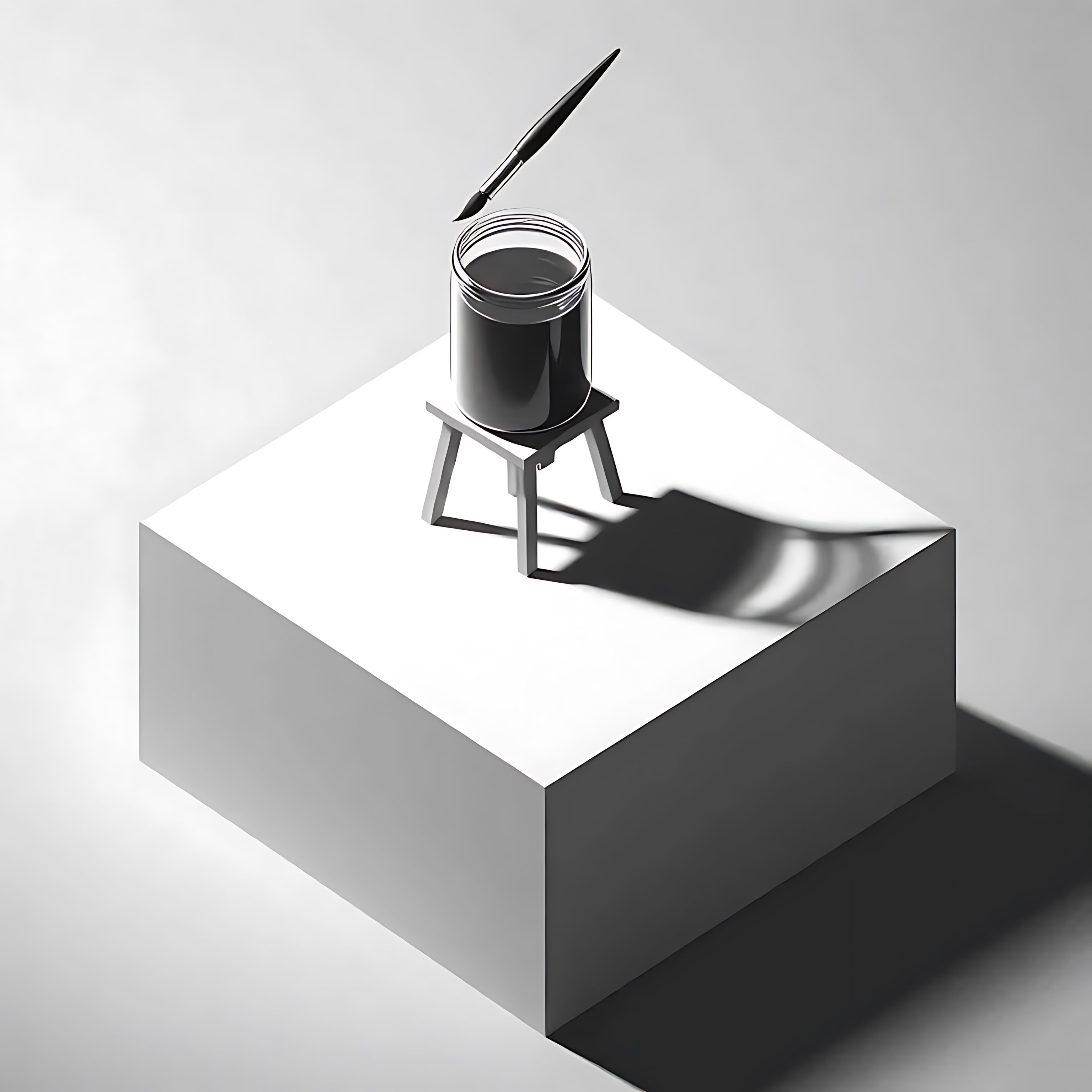 Üzerinde bir teneke kutu ve fırça olan küçük bir tabure gölge yapıyor.